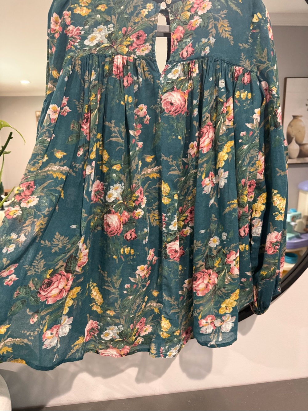 Ralph Lauren Teal 100% Cotton Floral Peasant Blouse with Pink & Yellow Blooms - Picture 4 of 5